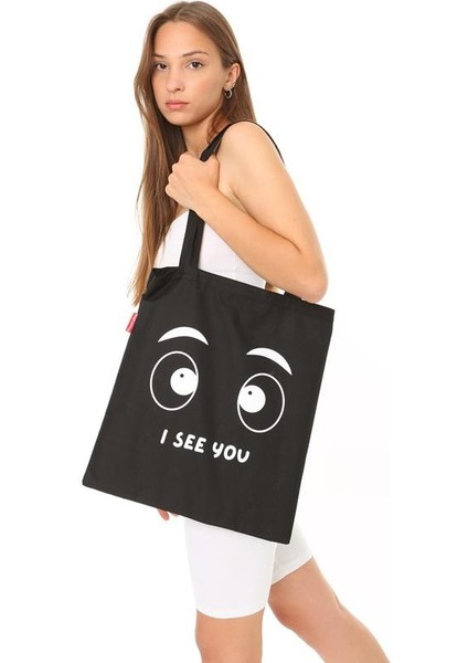 Siyah Bez Çanta I See You Baskılı