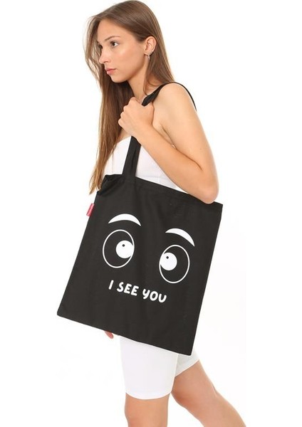 Siyah Bez Çanta I See You Baskılı