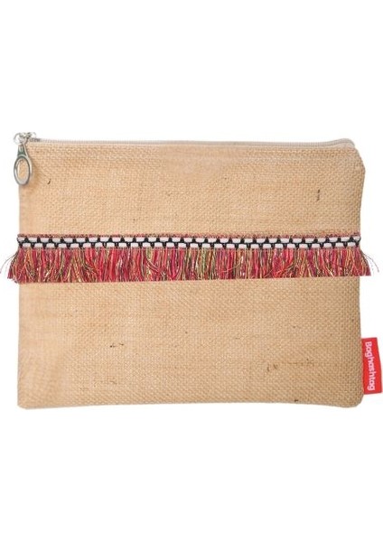 Kırmızı Ip Püsküllü Jüt Clutch Bez Çanta