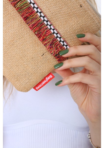 Kırmızı Ip Püsküllü Jüt Clutch Bez Çanta