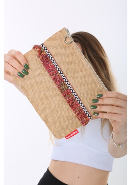 Kırmızı Ip Püsküllü Jüt Clutch Bez Çanta