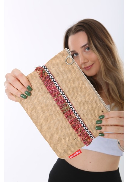 Kırmızı Ip Püsküllü Jüt Clutch Bez Çanta