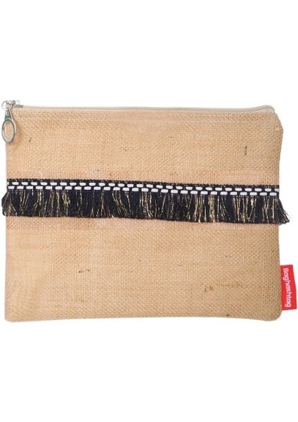 Siyah Ip Püsküllü Jüt Clutch Bez Çanta