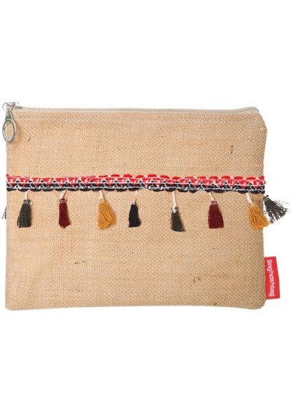 Vintage Pon Pon Püsküllü Jüt Clutch Bez Çanta
