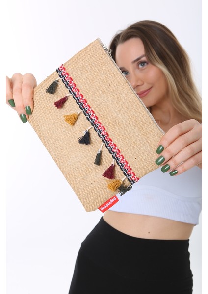 Vintage Pon Pon Püsküllü Jüt Clutch Bez Çanta
