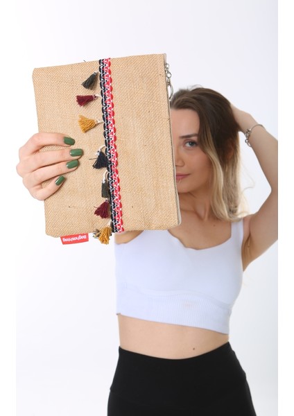 Vintage Pon Pon Püsküllü Jüt Clutch Bez Çanta