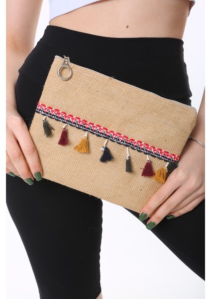 Vintage Pon Pon Püsküllü Jüt Clutch Bez Çanta