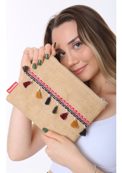Vintage Pon Pon Püsküllü Jüt Clutch Bez Çanta