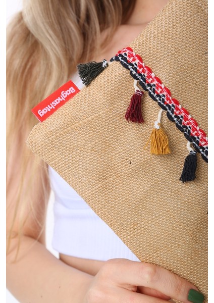 Vintage Pon Pon Püsküllü Jüt Clutch Bez Çanta