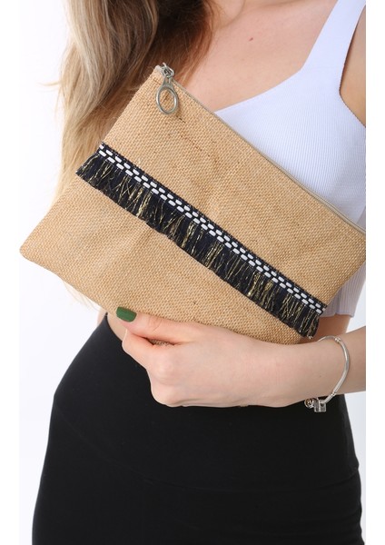 Siyah Ip Püsküllü Jüt Clutch Bez Çanta