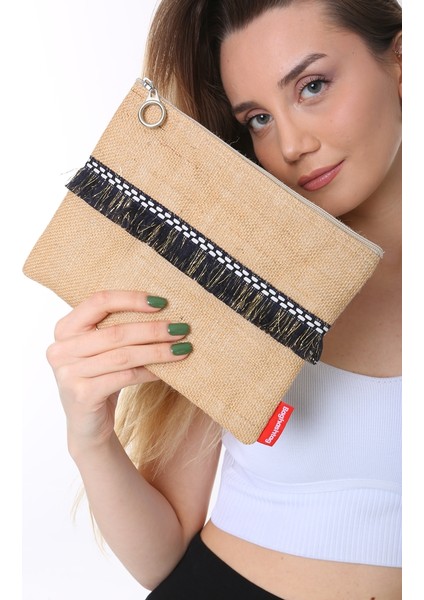 Siyah Ip Püsküllü Jüt Clutch Bez Çanta