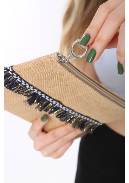 Siyah Ip Püsküllü Jüt Clutch Bez Çanta