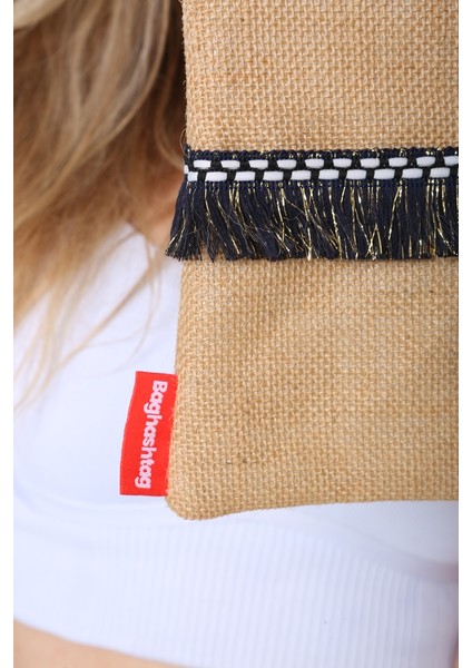 Siyah Ip Püsküllü Jüt Clutch Bez Çanta