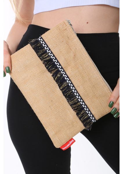 Siyah Ip Püsküllü Jüt Clutch Bez Çanta