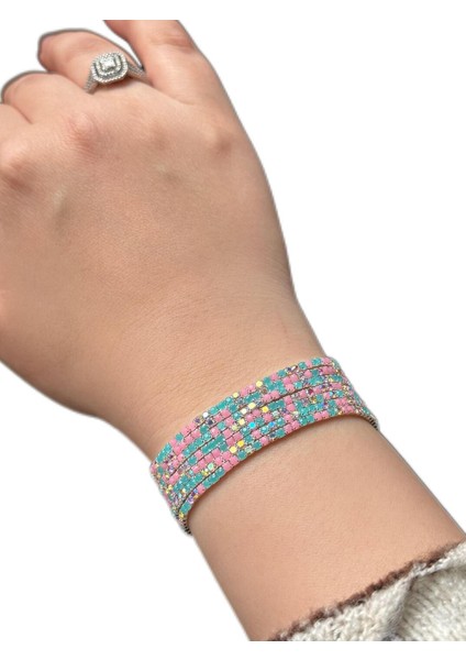 Pembe ve Turkuaz Taşlı Tek Sıra Lastikli Bileklik fiyatları