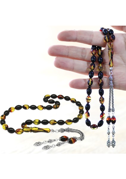 925 Ayar Gümüş Çift Püsküllü Arpa Kesim Bala-Siyah Ateş Kehribar Tesbih fiyatları