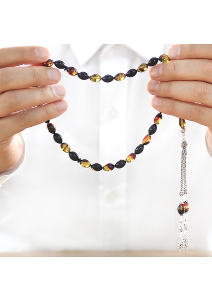 925 Ayar Gümüş Çift Püsküllü Arpa Kesim Bala-Siyah Ateş Kehribar Tesbih modelleri