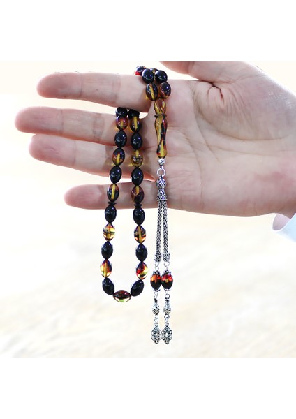 925 Ayar Gümüş Çift Püsküllü Arpa Kesim Bala-Siyah Ateş Kehribar Tesbih fırsatları