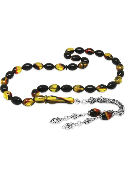 925 Ayar Gümüş Çift Püsküllü Arpa Kesim Bala-Siyah Ateş Kehribar Tesbih indirimleri