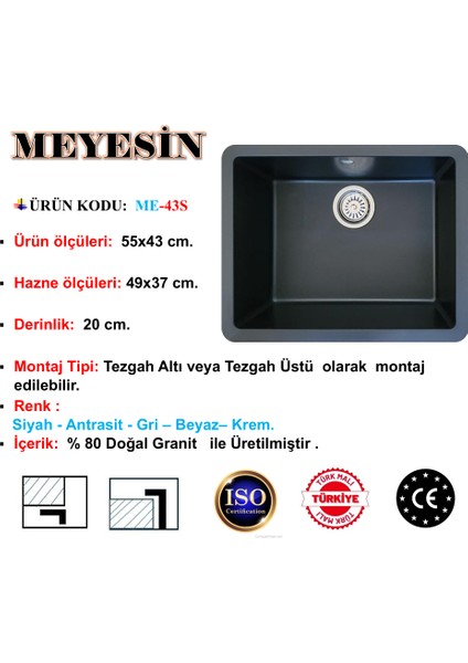 Tezgah Altı Siyah Granit Mutfak Evyesi 43 x 55 Cm.