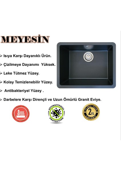 Tezgah Altı Siyah Granit Mutfak Evyesi 43 x 55 Cm.