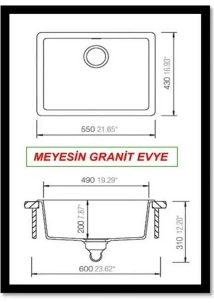 Tezgah Altı Siyah Granit Mutfak Evyesi 43 x 55 Cm.