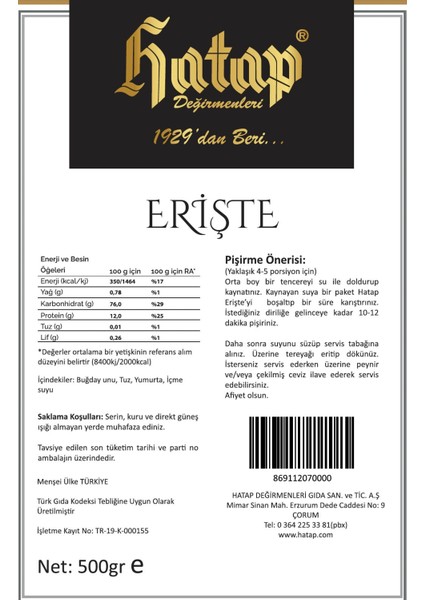 Katkısız Elde Kesim Erişte 500 gr fiyatları