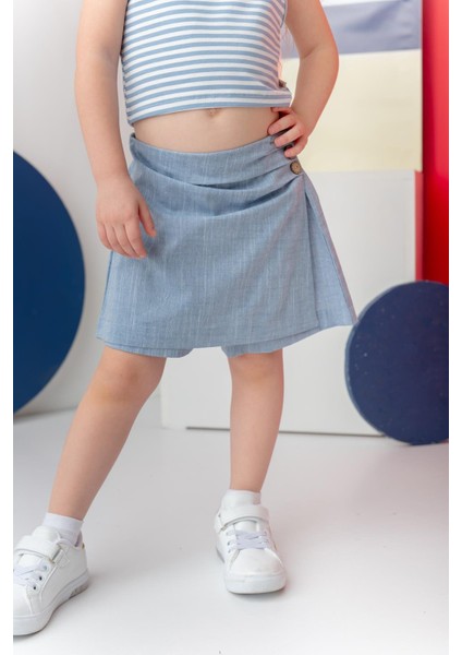 Kız Çocuk Yandan Düğmeli Şort Etek - Indigo
