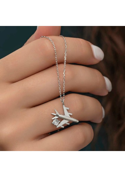 Gümüş Rodyum Tek Taşlı Uçak Kadın Kolye fiyatları