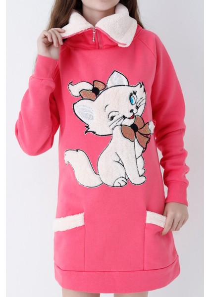 Pembe Genç Kız Kedi Baskılı Fermuarlı Kapüşonlu Pamuklu Sweatshirt fiyatları