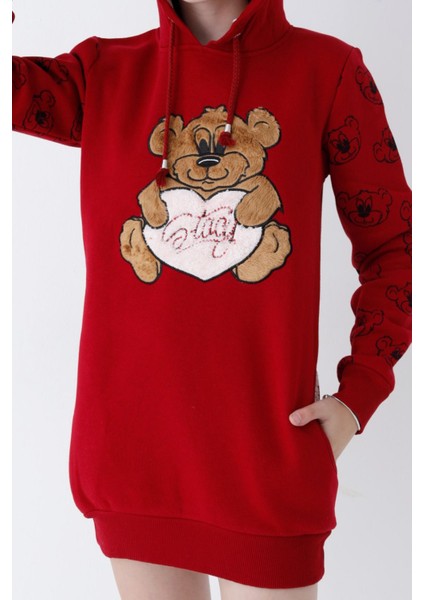 Genç Kız Bordo Ayıcıklı Desenli Kapüşonlu Pamuklu Sweatshirt fiyatları