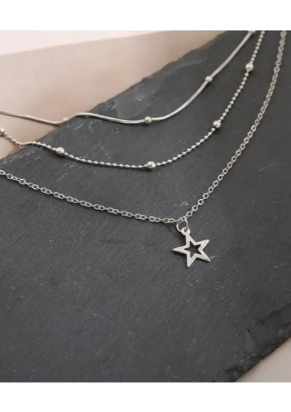 3 Katmanlı Vintage Minimalist Boncuklu Zincir Kolye