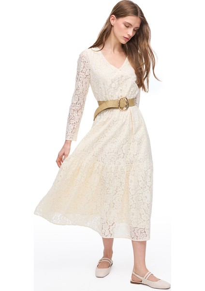 Krem Iolite Regular Fit Çiçekli Midi Boy Elbise