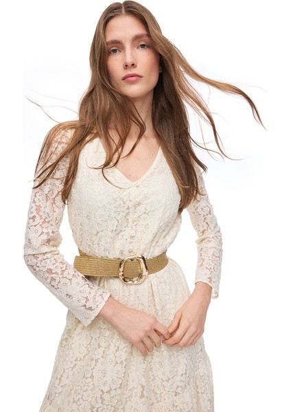 Krem Iolite Regular Fit Çiçekli Midi Boy Elbise