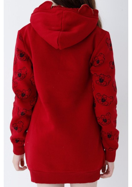 Genç Kız Bordo Ayıcıklı Desenli Kapüşonlu Pamuklu Sweatshirt fırsatları