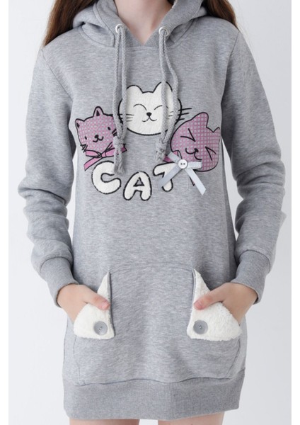 Genç Kız Gri Kedi Baskılı Kapüşonlu Pamuklu Sweatshirt