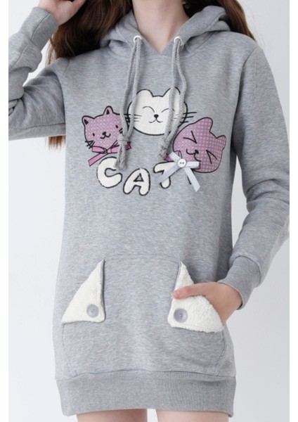 Genç Kız Gri Kedi Baskılı Kapüşonlu Pamuklu Sweatshirt fiyatları