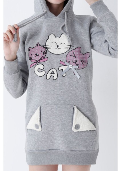 Genç Kız Gri Kedi Baskılı Kapüşonlu Pamuklu Sweatshirt modelleri