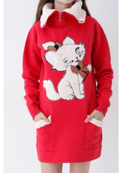 Genç Kız Kırmızı Kedi Baskılı Fermuarlı Kapüşonlu Pamuklu Sweatshirt
