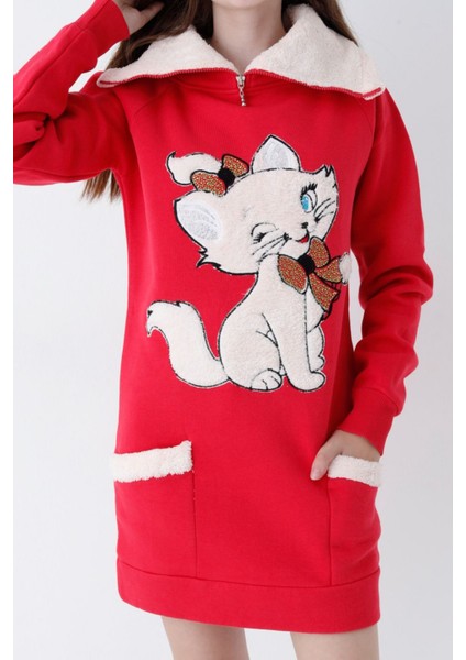 Genç Kız Kırmızı Kedi Baskılı Fermuarlı Kapüşonlu Pamuklu Sweatshirt fiyatları
