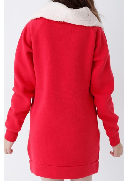 Genç Kız Kırmızı Kedi Baskılı Fermuarlı Kapüşonlu Pamuklu Sweatshirt modelleri