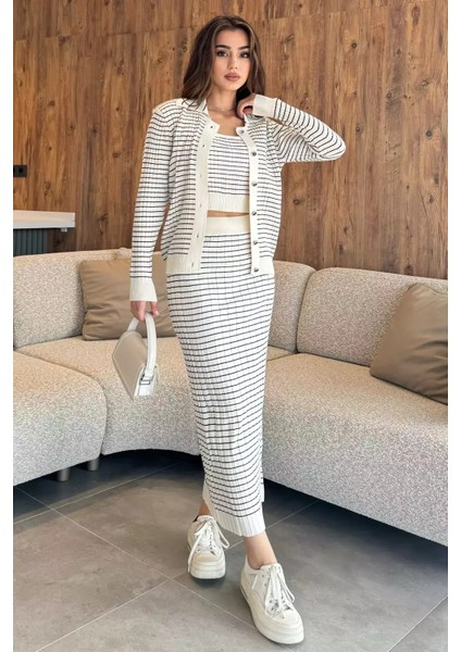 Kadın Çizgili Crop Bluz Kazak Etek Triko Üçlü Takım