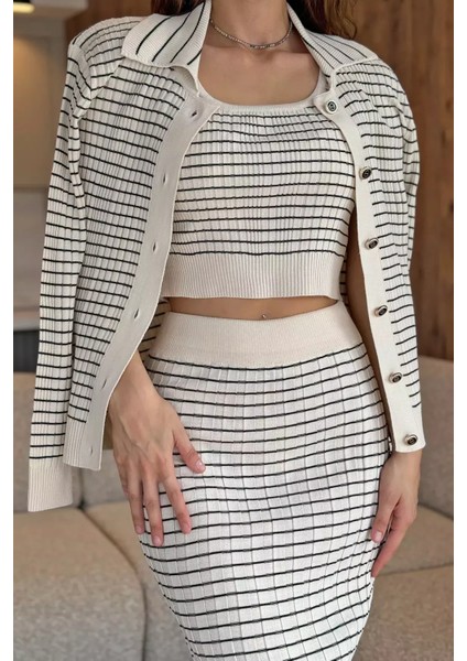 Kadın Çizgili Crop Bluz Kazak Etek Triko Üçlü Takım