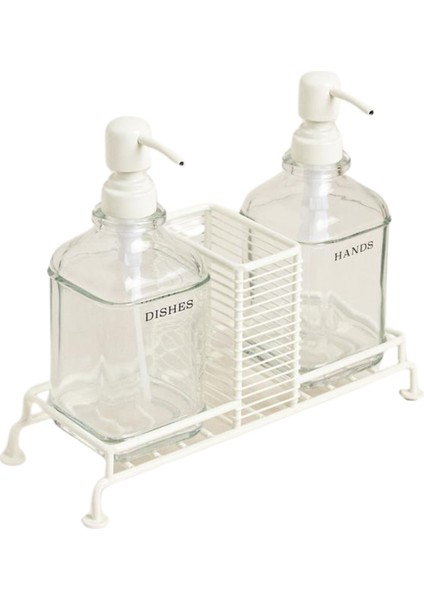 Beyaz Pompalı ve Standlı Ikili Kare Cam Sıvı Sabunluk 500 ml