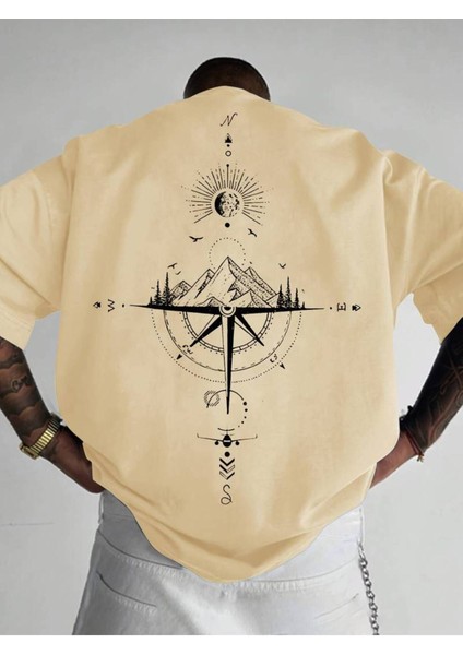 Tarzsokak Güneş ve Dağ Pusula Baskılı Erkek Oversize Yuvarlak Yaka Kısa Kollu