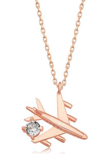 Gümüş Rose Tek Taşlı Uçak Kadın Kolye
