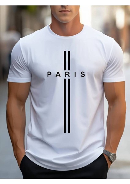 Tarzsokak Erkek Oversize Siyah - Beyaz Bisiklet Yaka Paris Yazı Baskılı