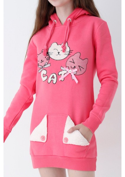 Genç Kız Pembe Kedi Baskılı Kapüşonlu Pamuklu Sweatshirt
