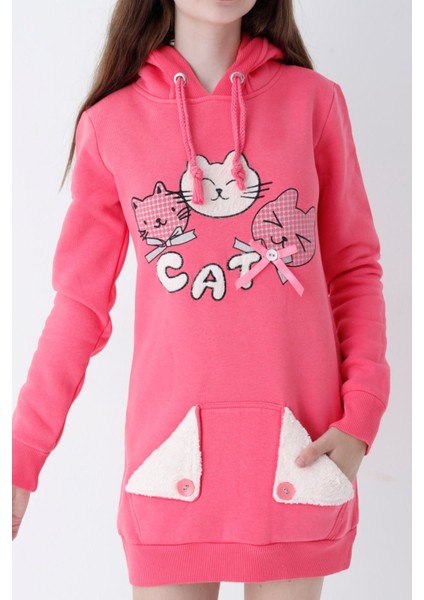 Genç Kız Pembe Kedi Baskılı Kapüşonlu Pamuklu Sweatshirt