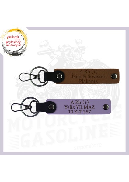 Açık Kahve-Mor Menekşe, Motorcu Dostlara, Isim Plaka ve A Rh (+) Kan Grubu Yazılı Özel Anahtarlık